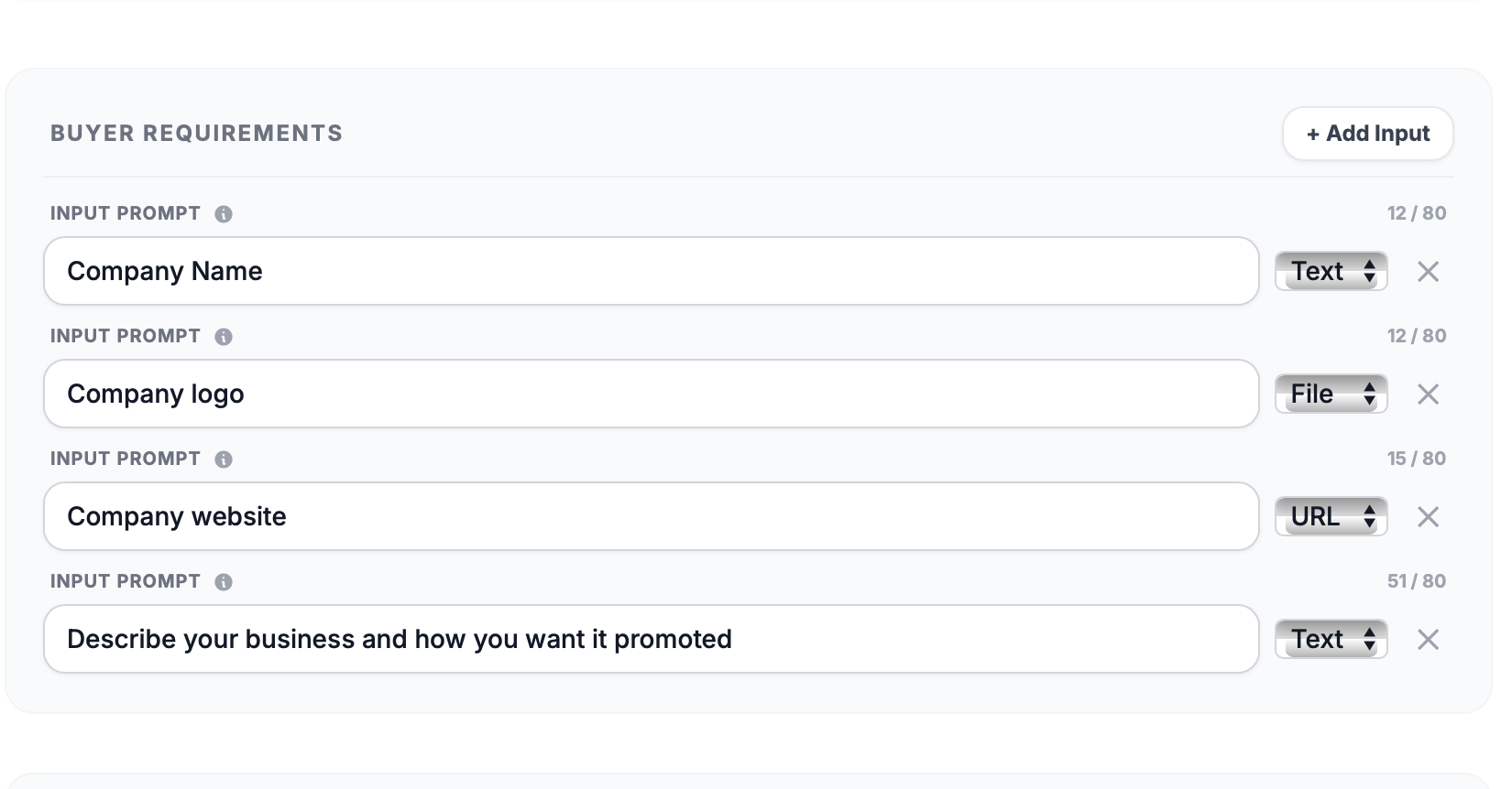 Screenshot of custom requirements setup